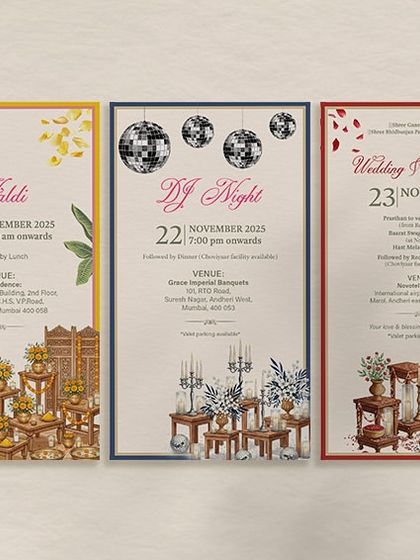 For those who love simplicity with a traditional touch. This set of static e-invites features a cohesive design theme with unique color palettes and motifs for each wedding event, from Mehendi to Reception.