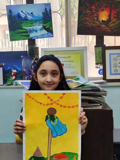 Another beautiful Gudi Padwa painting. This student chose a bright yellow background to make her Gudi stand out.