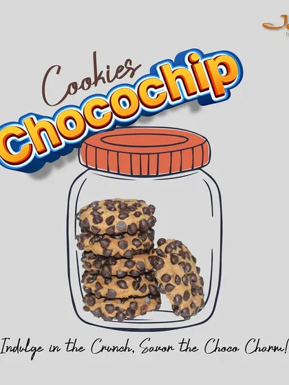 An illustration celebrating our timeless Classic Choco-Chip Cookies. Each cookie is loaded with chocolate chips, offering that perfect crunch and savory choco charm that everyone loves.