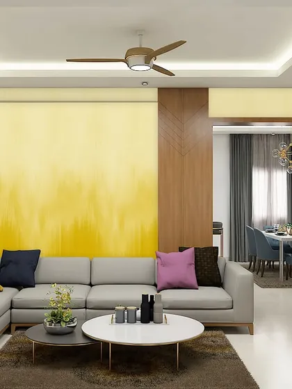 This yellow ombre design has a textured, brushstroke effect, adding an artistic and dynamic feel to the living space. It pairs beautifully with the neutral sofa and colorful cushions.