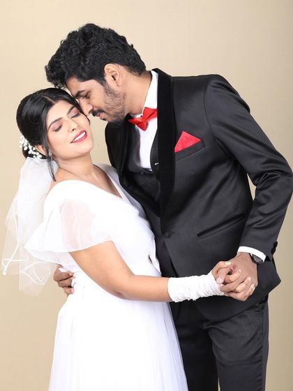 The closed-eye shot shows the soft, blended eyeshadow and flawless base that are signatures of my Christian bridal style.