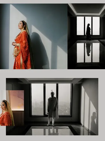 The art of anticipation. We use light, shadow, and reflection to create dramatic and soulful portraits of the bride and groom during their getting-ready moments, adding a layer of cinematic artistry to the wedding album.
