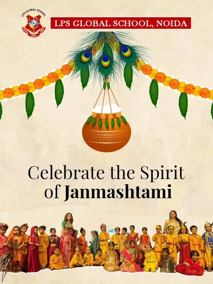 A graphic celebrating the spirit of Janmashtami at our school. Our celebrations are a blend of tradition, devotion, and joyful participation from our youngest students.