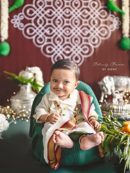 An adorable baby boy dressed in traditional attire for an Ugadi festival photoshoot. This shot showcases my themed milestone sessions, designed to celebrate special cultural moments.