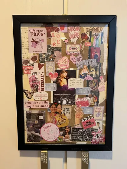 For the Swiftie in your life, this frame is pure magic. It blends personal photos with Taylor Swift's 'Lover' and 'Speak Now' era aesthetics, including lyrics from "Enchanted," album art, and "main character" energy for a truly personalized fan gift.
