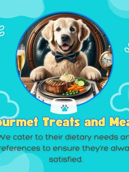 We cater to every pup's palate with gourmet treats and customized meals. This graphic illustrates our commitment to satisfying their dietary needs and preferences with delicious, home-style food.