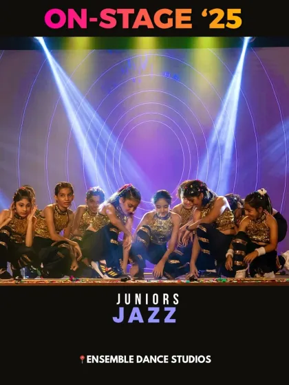 Our juniors jazz group in a powerful opening pose. This style blends traditional jazz technique with modern commercial flair.