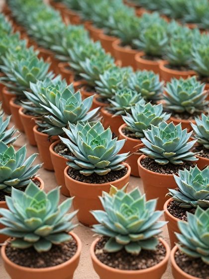 Rows of beautiful succulents ready to be potted in our classic mini terracotta pots. These are great for event giveaways or as wedding favors.