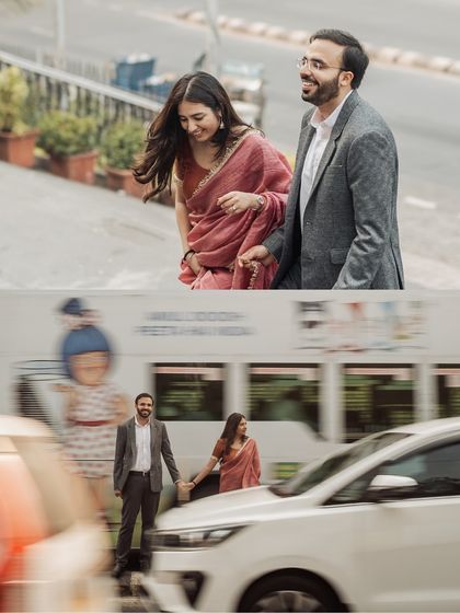 A candid laugh on the street and a motion-blurred shot with city traffic. This pairing shows both the quiet, personal moments and the dynamic energy of a Mumbai pre-wedding shoot.