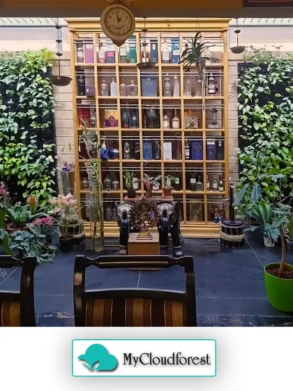 Artificial greenery is not just for the outdoors. In this project, I framed a statement bar cabinet with two floor-to-ceiling artificial vertical gardens. These green walls add a touch of nature and sophistication to the interior decor, purifying the air and creating a unique ambiance.
