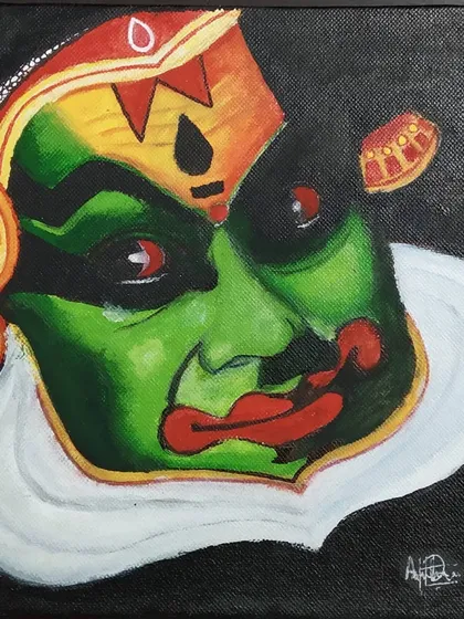 Here is a close-up portrait of a Kathakali performer, a classical dance-drama from Kerala. I focused on the dramatic expression and the bold, traditional makeup, using Fevicryl acrylics on an 8x8 inch canvas to bring this powerful character to life.