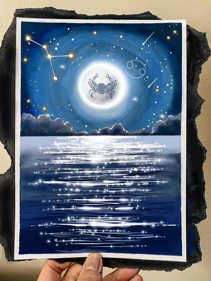 As a Cancer, I was inspired to create this zodiac-themed artwork. It features the Cancer constellation and crab symbol against a celestial backdrop of the moon and a starry sky over the ocean.