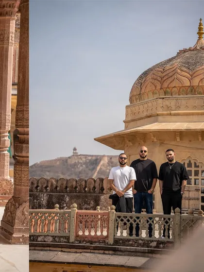 The crew taking in the views from the top of Amer Fort in Jaipur. You can see the whole city from up here.