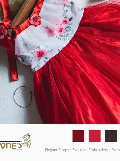 A branded graphic highlighting the elegant straps, exquisite embroidery, and floral charm of this red and white dress. These are the details that define my work.