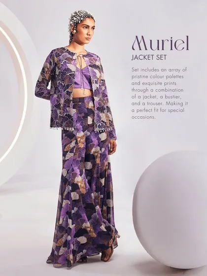 The Muriel Jacket Set, featuring a pristine color palette and exquisite prints through a combination of a jacket, a bustier, and a trouser.