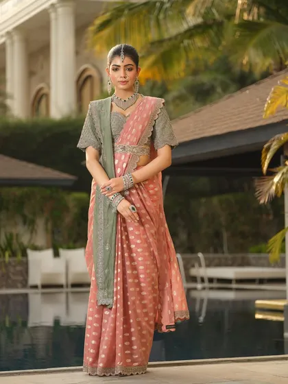 A full-length view of the Jayanti Reddy saree, showing how the drape creates a graceful and flattering line.
