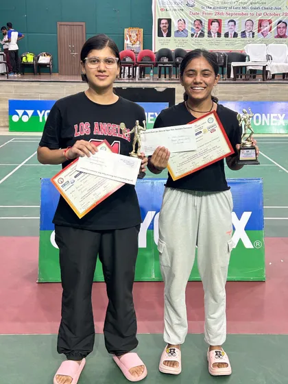 Mahi Gumber and Anushka Gaur, two of my trainees, with their bronze medals for Women's Doubles at the state tournament in Hapur.
