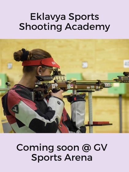 An announcement poster for the opening of Eklavya Sports Shooting Academy, featuring a rifle shooter in perfect form.