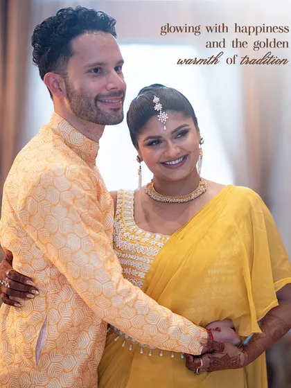 Glowing with happiness and the golden warmth of tradition. The couple's coordinated yellow outfits are perfect for their Haldi ceremony.