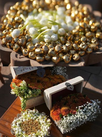 A collage showcasing the fine details of the South Indian wedding, from the ghungroo and mogra accents to the floral arrangements in wooden boxes. It's a celebration of texture and tradition.
