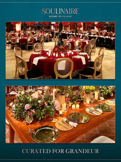 A collage of tables curated for grandeur, from classic round table setups with red tablecloths to rustic-chic wooden tables with lush floral runners. Our designs are always enchanting.