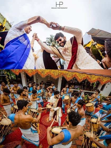 The groom's exhilarating entrance, dancing with family and surrounded by traditional drummers.