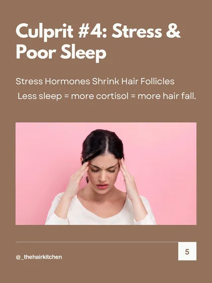 Culprit #4: Stress & Poor Sleep. Stress hormones like cortisol can actually shrink hair follicles. Less sleep means more cortisol, which can lead to more hair fall.