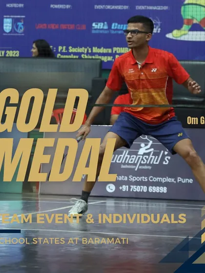 Om Gavandi in action at the School States tournament in Baramati, where he won double gold medals in the Team Event and Individual Singles.