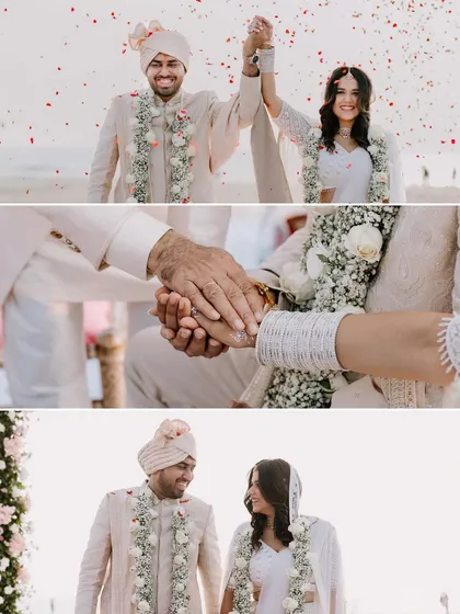 A collage capturing key moments from a beach wedding ceremony, including the couple's joyful exit, holding hands, and exchanging loving glances.
