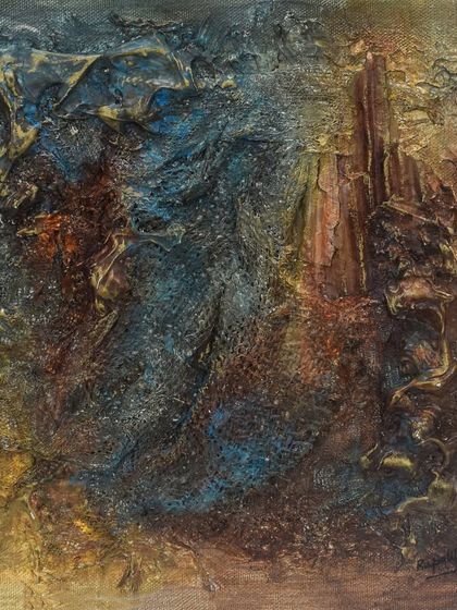 This abstract piece uses deep blues and earthy browns to create a sense of depth and mystery. The textures invite the viewer to explore the hidden layers within.