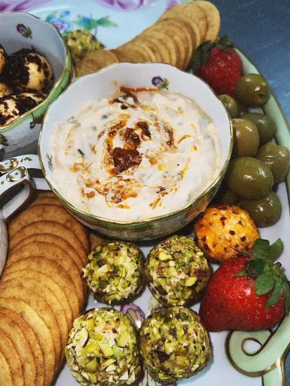 A close-up of our creamy onion and chive dip, another popular choice for our platters. All our dips are made in-house with fresh ingredients.