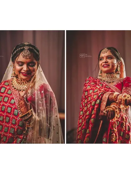 Two classic bridal portraits. The left shows the bride with a gentle smile under her veil, and the right captures her joyful and expressive personality.