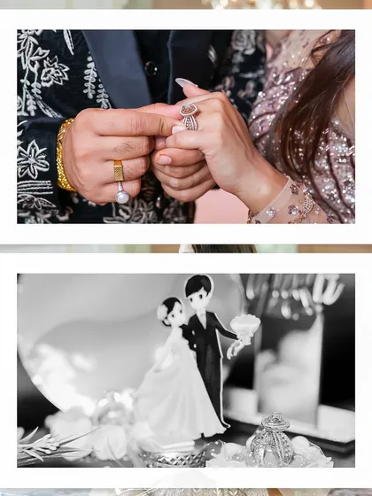 Focusing on the details of the engagement. This collage shows a close up of the ring exchange and a charming black and white shot of the wedding cake topper, highlighting the small symbols of their commitment.