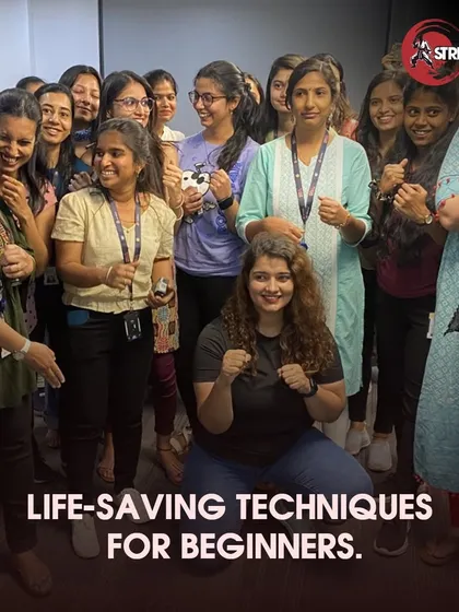 Our founder, Lipika, leads a group of women in a beginner-friendly self-defense drill at their workplace. We ensure every session is inclusive and accessible, creating a comfortable space for everyone to learn life-saving techniques regardless of their fitness level.