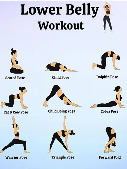 A comprehensive lower belly workout set featuring a variety of poses from the gentle Cat-Cow and Child's Pose to the more challenging Warrior and Triangle Pose.