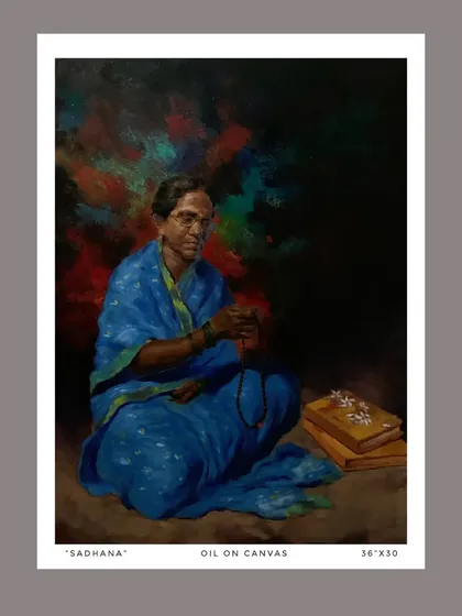 "Sadhana," an oil on canvas painting inspired by my grandparents and my spiritual upbringing. It represents the passing of spiritual consciousness through generations.