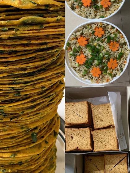 A glimpse from a busy Friday. Stacks of Methi Theplas ready for a school picnic order, alongside boxes of sandwiches and beautifully garnished fried rice.