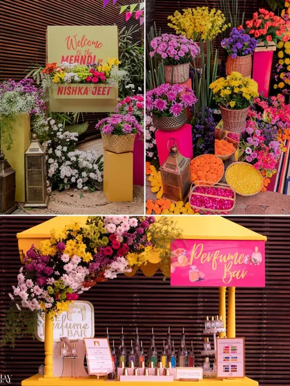 A collage of unique decor elements from a Mehendi, including a custom welcome sign and a perfume bar for guests.