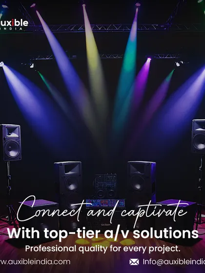 Connect and captivate with top-tier A/V solutions. This setup features a full stage arrangement with multiple speakers, subwoofers, and a vibrant laser light show, demonstrating a complete solution for a live performance venue.