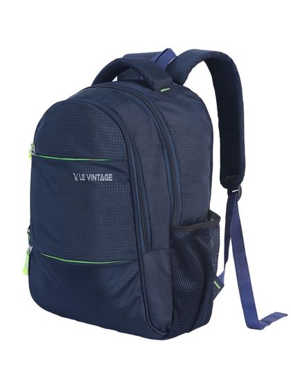 A three-quarter view of a 'VLE VINTAGE' backpack, highlighting its branding and front pocket design.