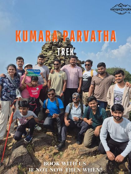 A promotional graphic for our Kumara Parvatha trek, showing a happy group at the summit.