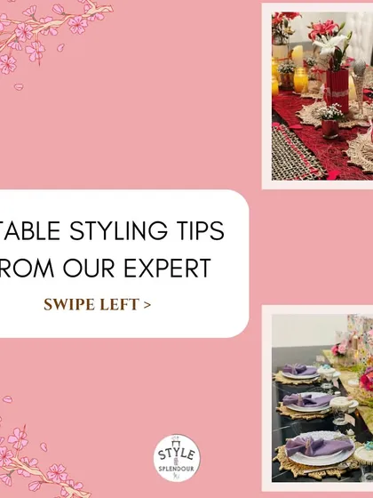 Here are three of my expert table styling tips. This carousel post covers creating a DIY centerpiece, curating a mood board for your color palette, and mixing and matching your linens for depth.