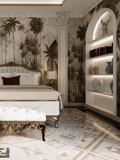 This bedroom design blends classical elegance with an exotic, hand-painted wallpaper depicting a lush landscape. The ornate bed frame and custom wooden flooring with a Fendi inlay add to the old-money charm and bespoke luxury.