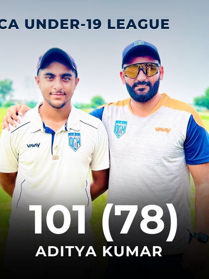 A graphic celebrating Aditya Kumar's century. He is a player who consistently performs for the team.