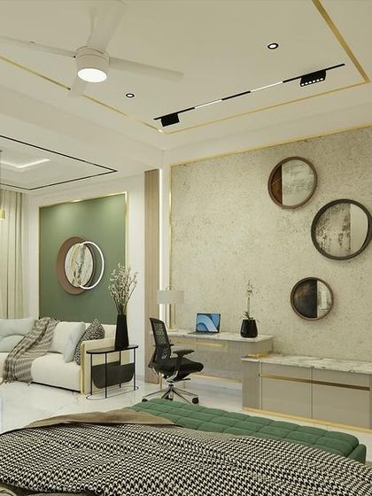 A spacious and bright master suite in "Yash Villa," featuring a large window, a sitting area, a study desk, and a custom-designed wardrobe.