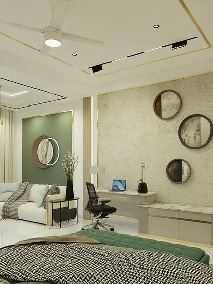 A spacious and bright master suite in "Yash Villa," featuring a large window, a sitting area, a study desk, and a custom-designed wardrobe.