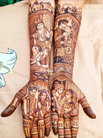 A full story on both arms, this design includes multiple couple poses, portraits of Radha Krishna, and traditional wedding ceremony elements. Every inch of this mehendi is filled with meaningful details.