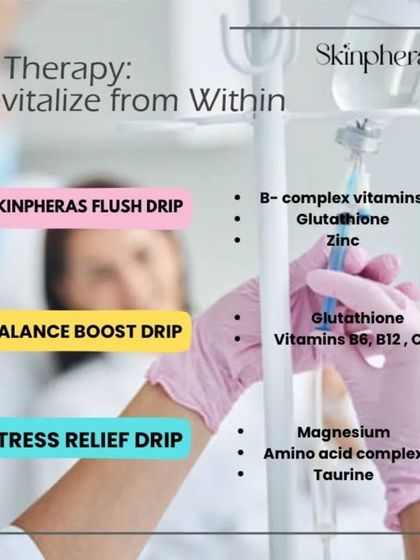 Here are more of my specialized IV formulations. The Skinpheras Flush Drip helps detoxify your system, the Balance Boost Drip supports hormonal harmony, and the Stress Relief Drip helps you relax and unwind.
