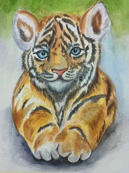A cute tiger cub painted in watercolour. This piece is a fun exercise in painting animal fur and capturing a playful expression.