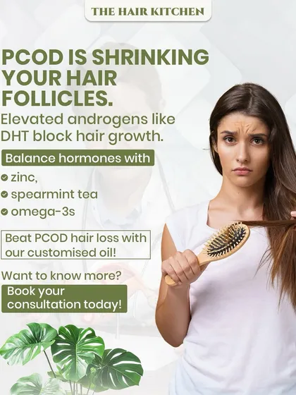 If you have PCOD, you might notice your hair thinning. This is often due to hormonal imbalances like elevated DHT shrinking your hair follicles. My approach involves getting to the root cause, using custom oils and lifestyle changes to help you regain hair density.